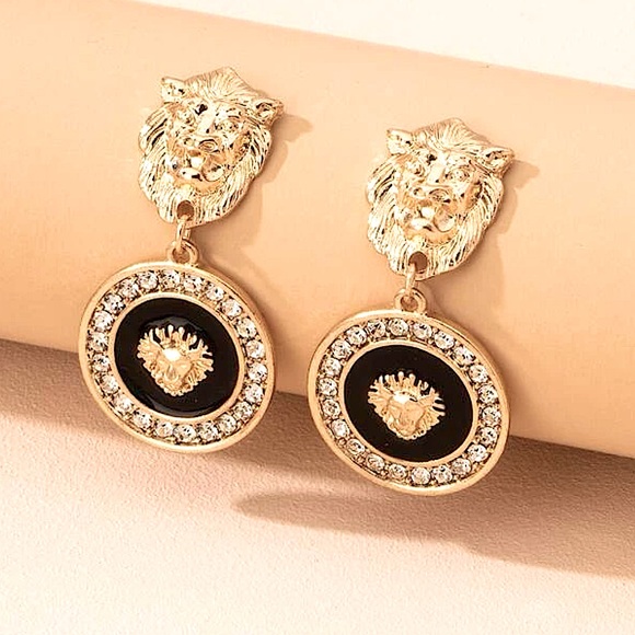 Vintage Jewelry - Vintage 90s Style Gold Lion White Zircon Black Lacquer Statement Earrings